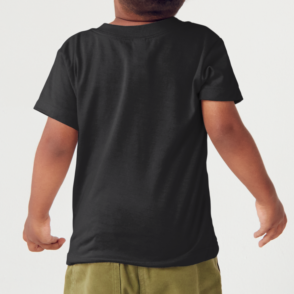 Child wearing a black 2lowsierra 2ls t-shirt and green shorts on a white background