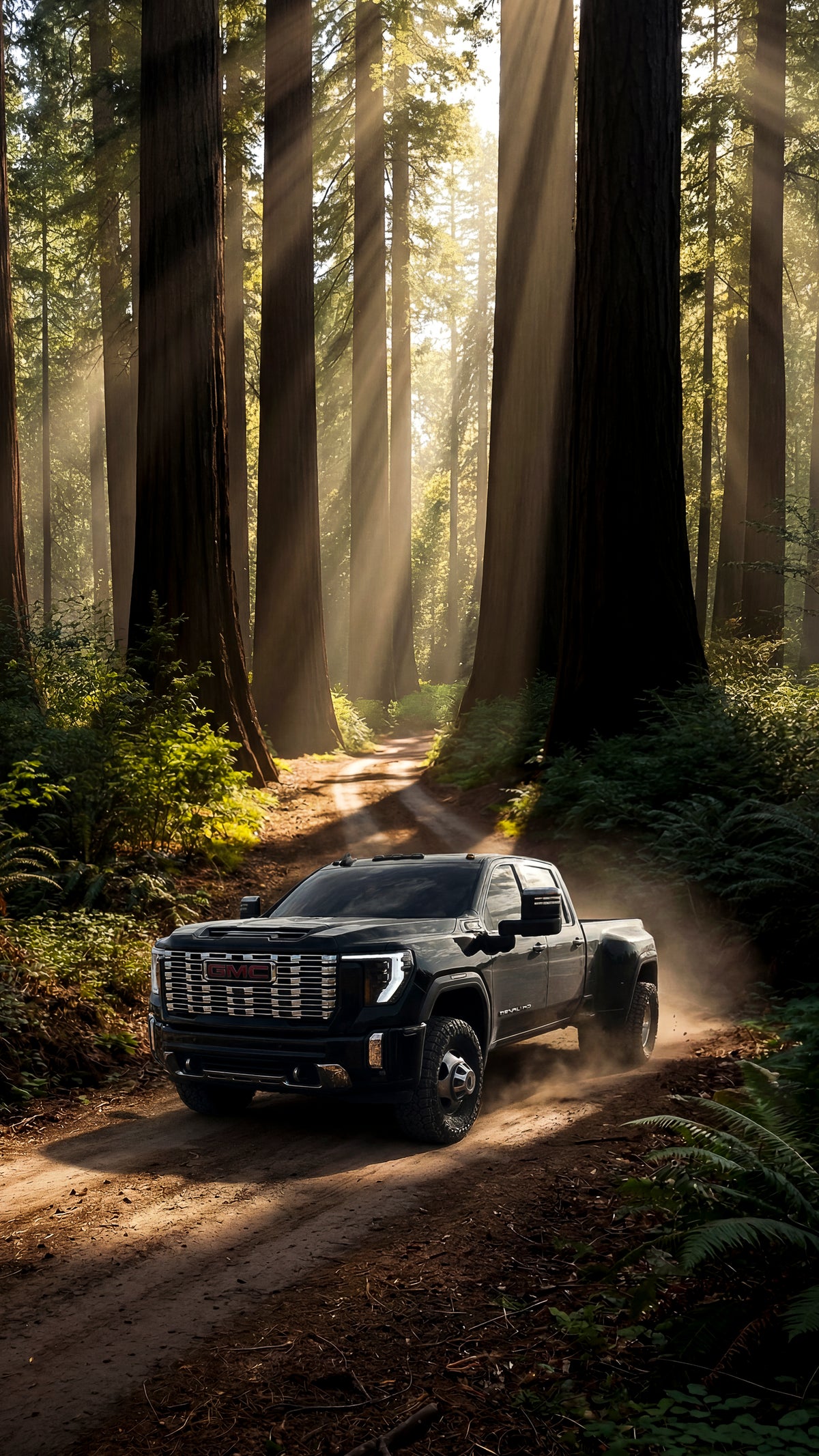 Black GMC Sierra  truck Denali escalade luxury lowrider raised truck shows driving on a dirt road through a forest with sunlight filtering through the trees.