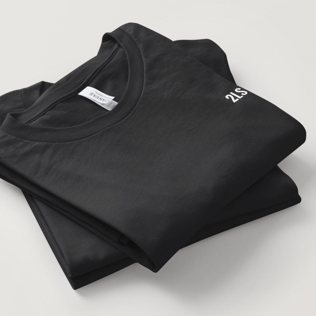 2lowsierra 2LS Folded black t-shirt with a brand label on a light gray background